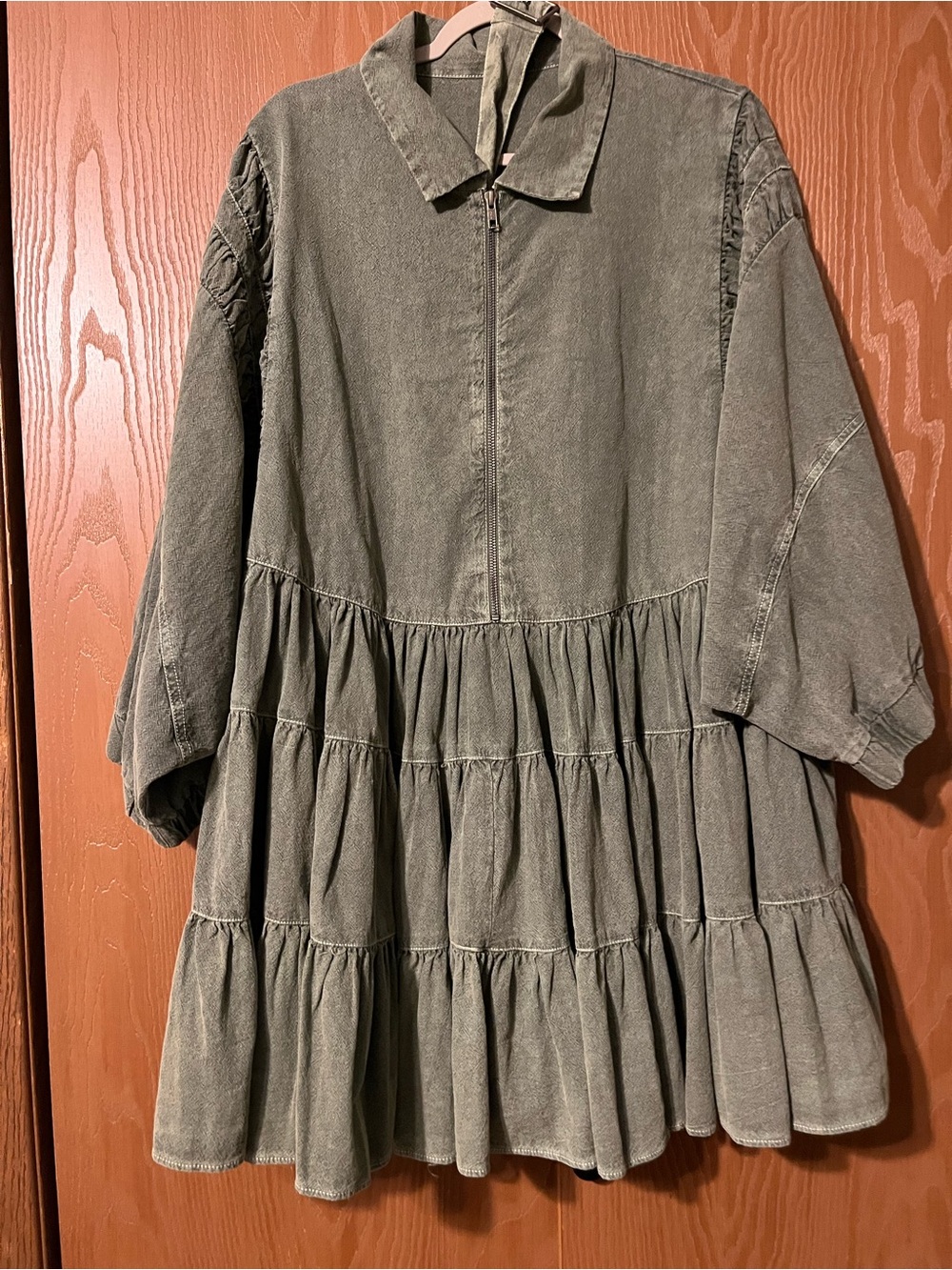 Free People Sage Green Textured Collared denim Zip Dress